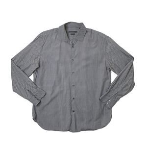 John Varvatos Shirt Mens 16 Grey White Classic Fit Micro-Check Long Sleeve Dress